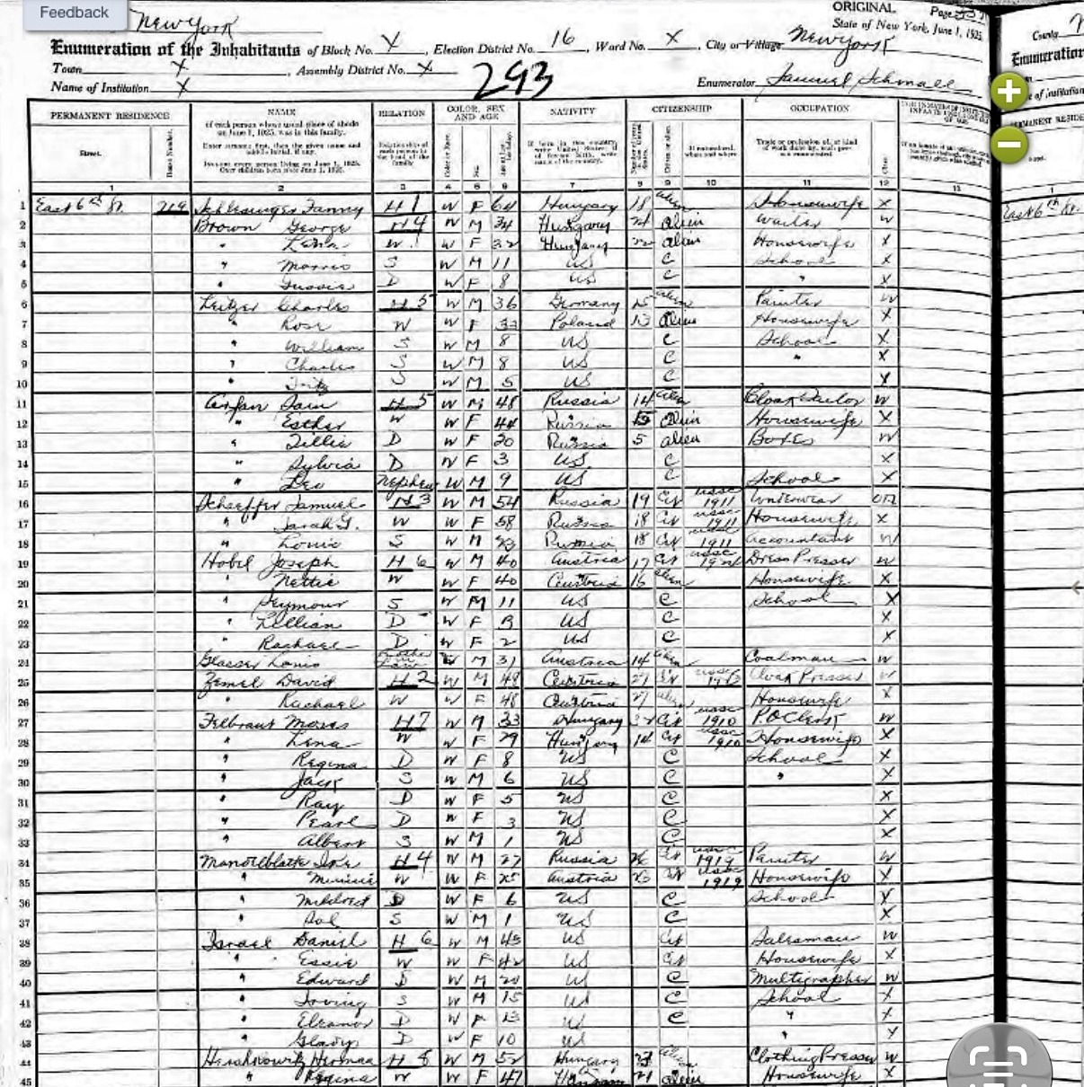 Full uploaded 1925 New York State Census page containing the confirmed Hobel family record